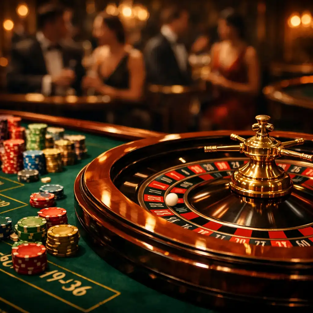 Stimmungsvoller Roulette-Tisch mit grünem Filz und glänzenden Chips bei gedämpftem Licht