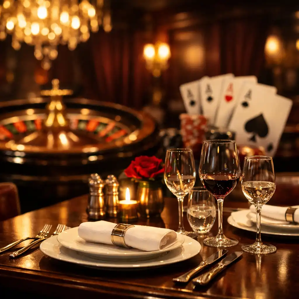 Eleganter Restauranttisch mit Roulette-Rad und Spielkarten im Hintergrund