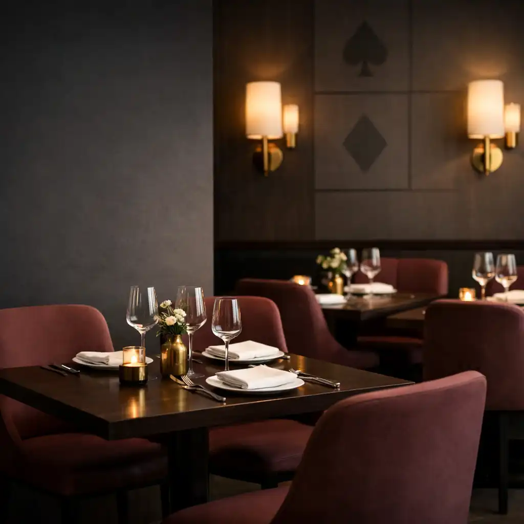 Eleganter Speisesaal des Tisch Qerano mit dunklen Holztischen, burgunderroten Stühlen und warmem Licht