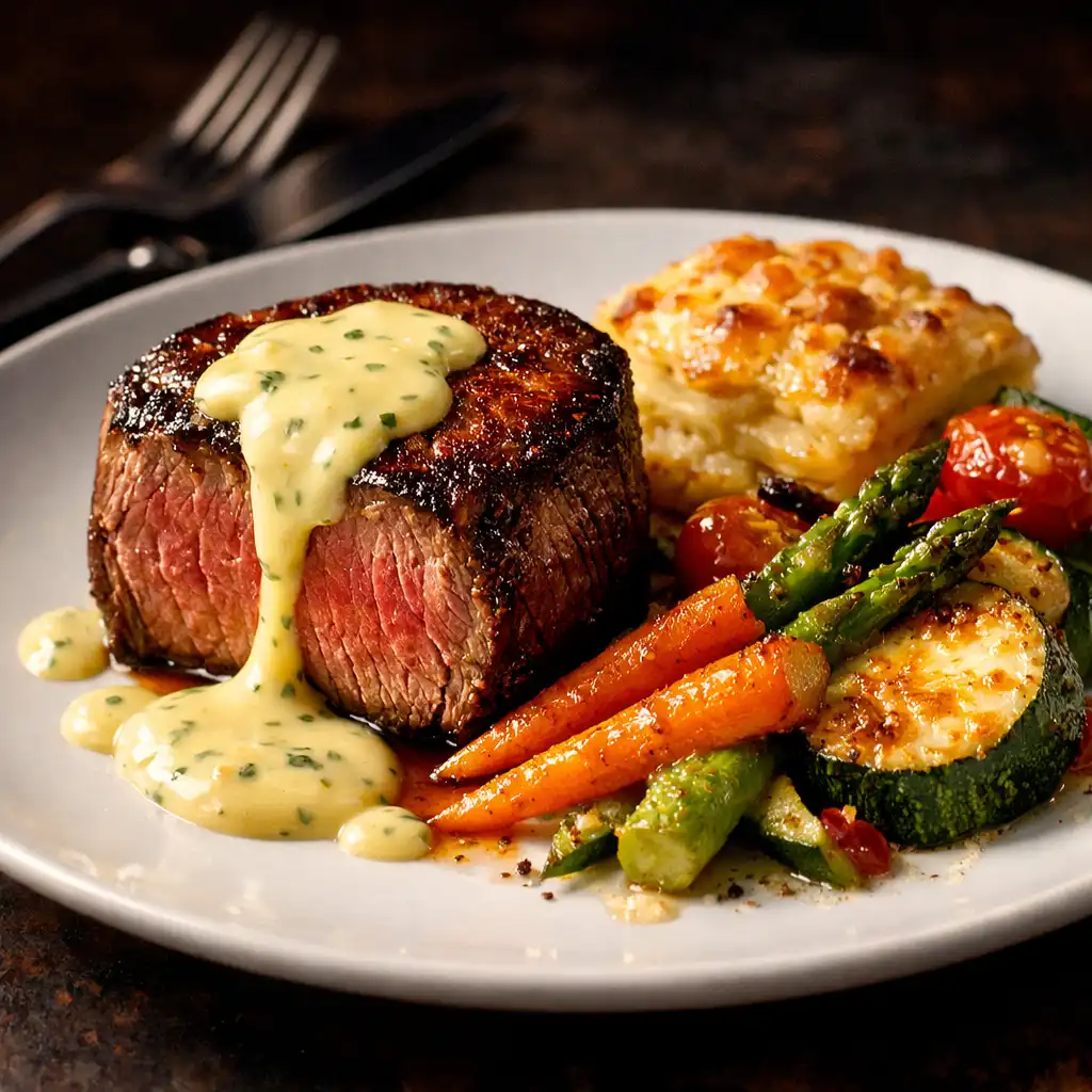 Zartes Rinderfilet mit Sauce Béarnaise und gratiniertem Gemüse