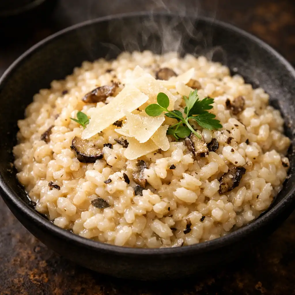 Cremiges Trüffelrisotto mit gehobeltem Parmesan in dunkler Schale