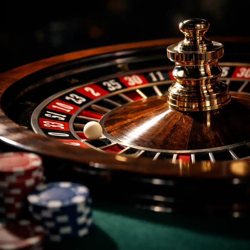 Roulette-Rad in Bewegung mit rollender Kugel und Chips