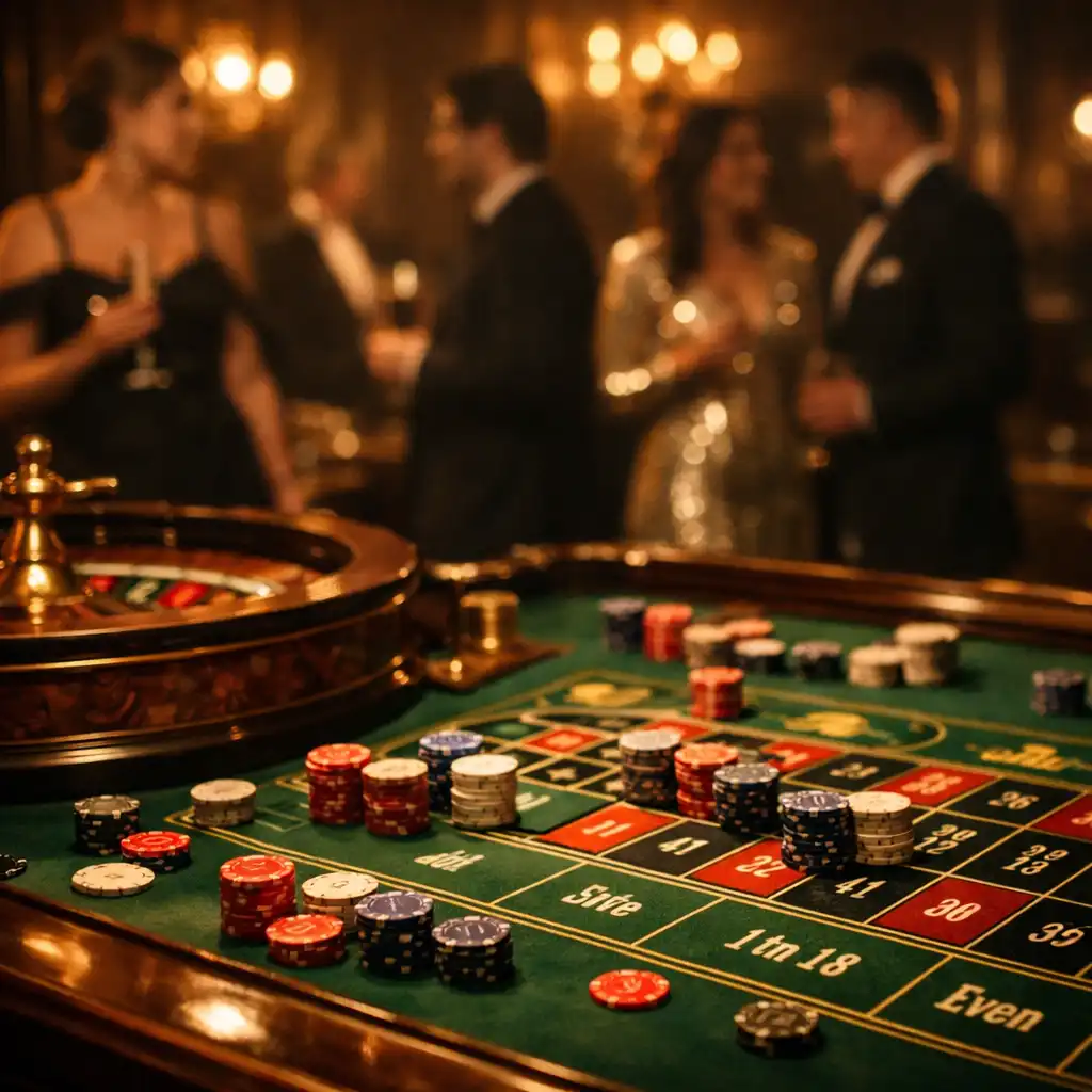 Roulette-Tisch in elegantem Raum mit dunklem Holz, grünem Filz und verstreuten Chips