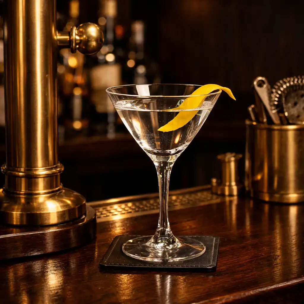 Barbereich mit Messingbeschlägen und einem Cocktailglas mit Zitronenzeste