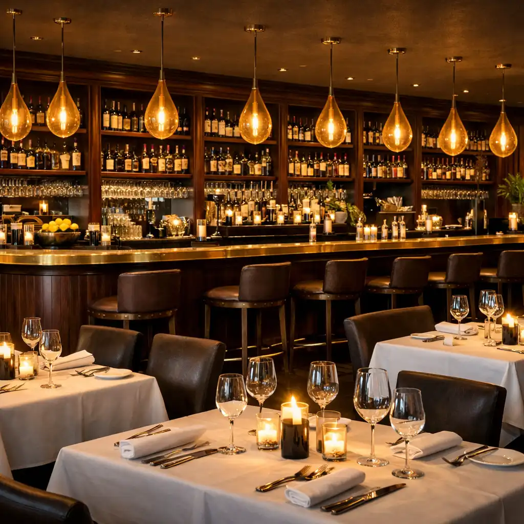 Weitwinkelaufnahme des Restaurant-Innenraums mit langer Bar, Messingdetails und gedeckten Tischen
