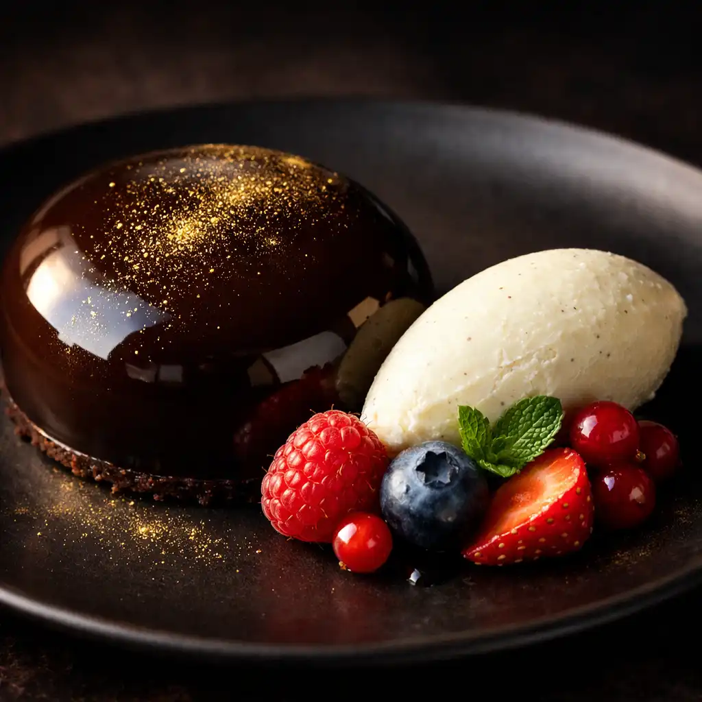 Dessert mit Schokoladenspiegel, Goldstaub und Vanilleeis
