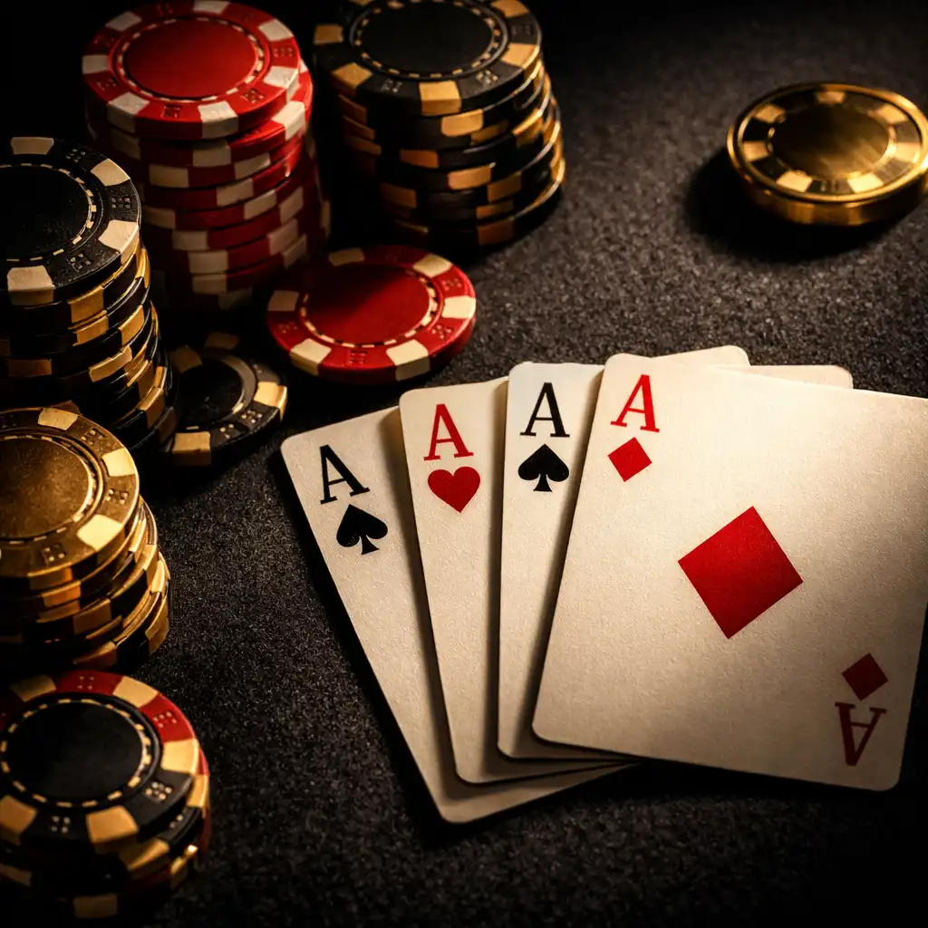 Spielkarten und Pokerships auf dunklem Filztisch in dramatischem Licht