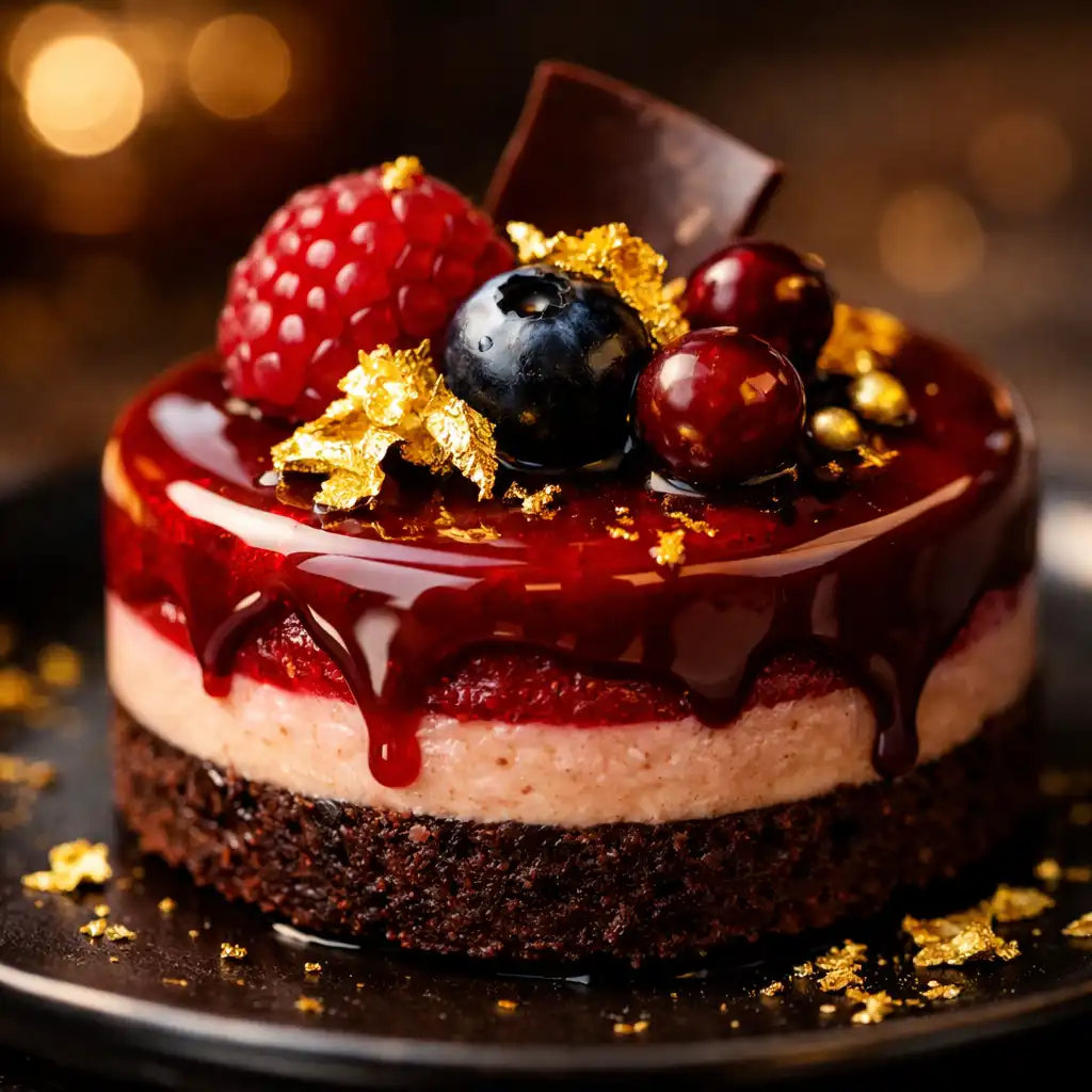 Kunstvoll angerichtetes Dessert mit Blattgold und Beeren auf dunklem Teller