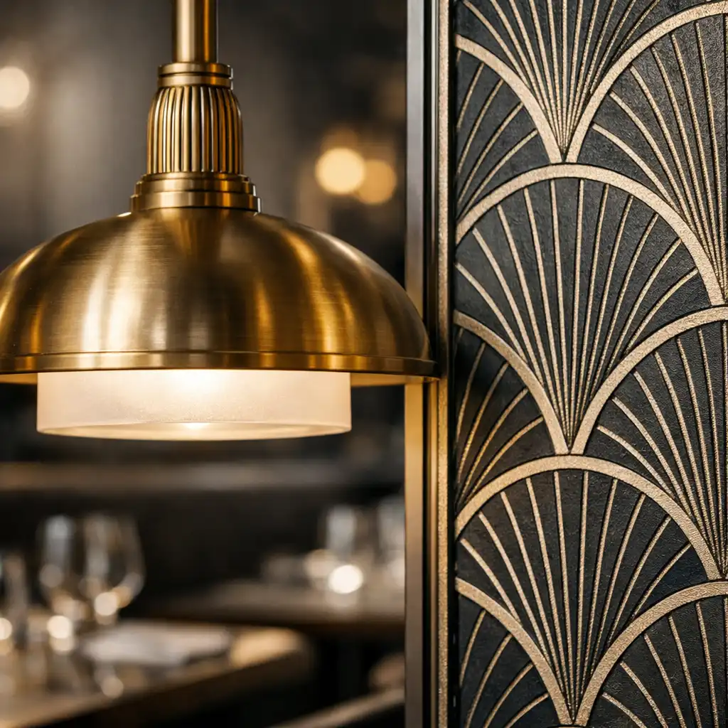 Messing-Leuchte und strukturierte Wand als Detailaufnahme im Restaurant