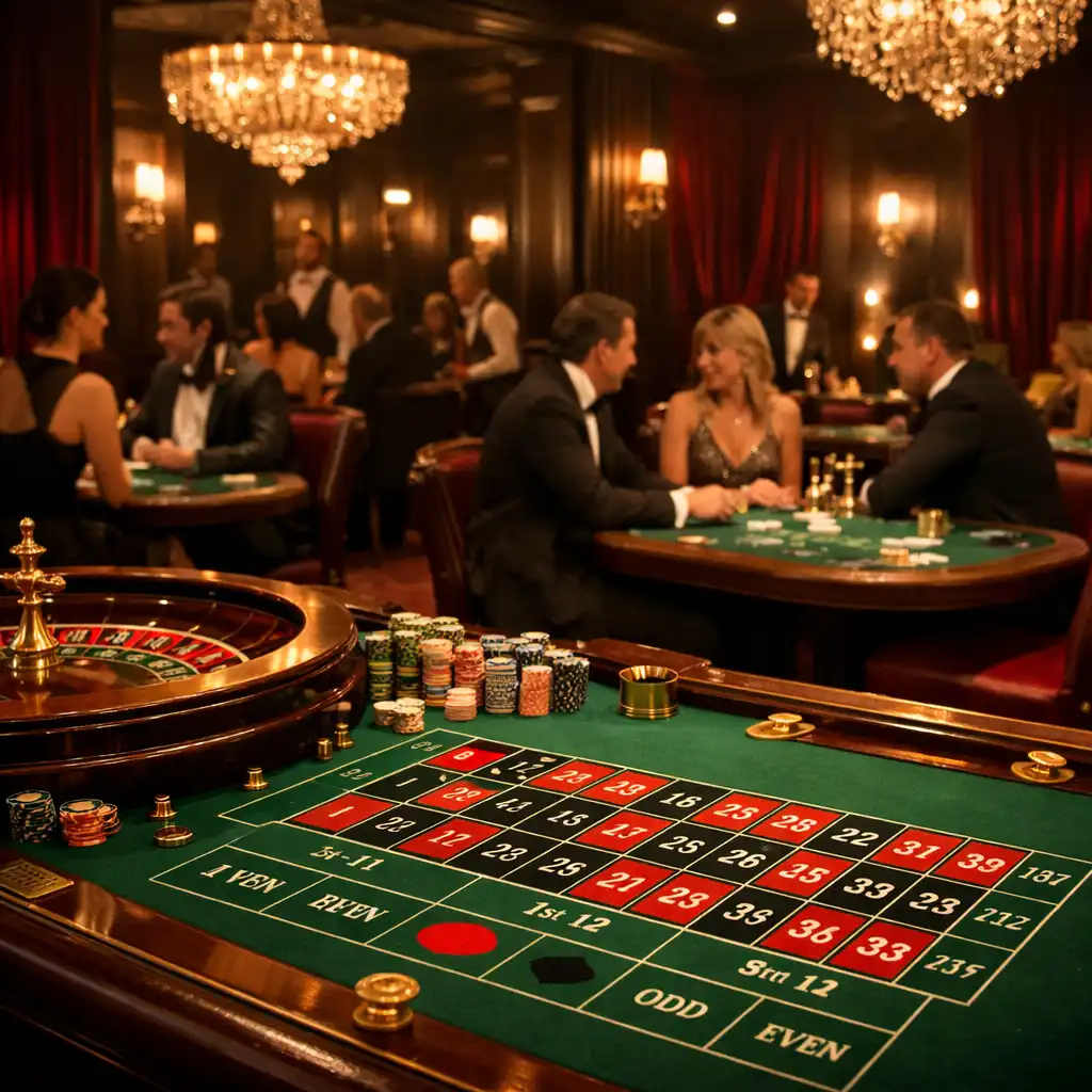 Casino-Abend bei Tisch Qerano mit Roulette-Tisch, Pokertischen und eleganten Gästen