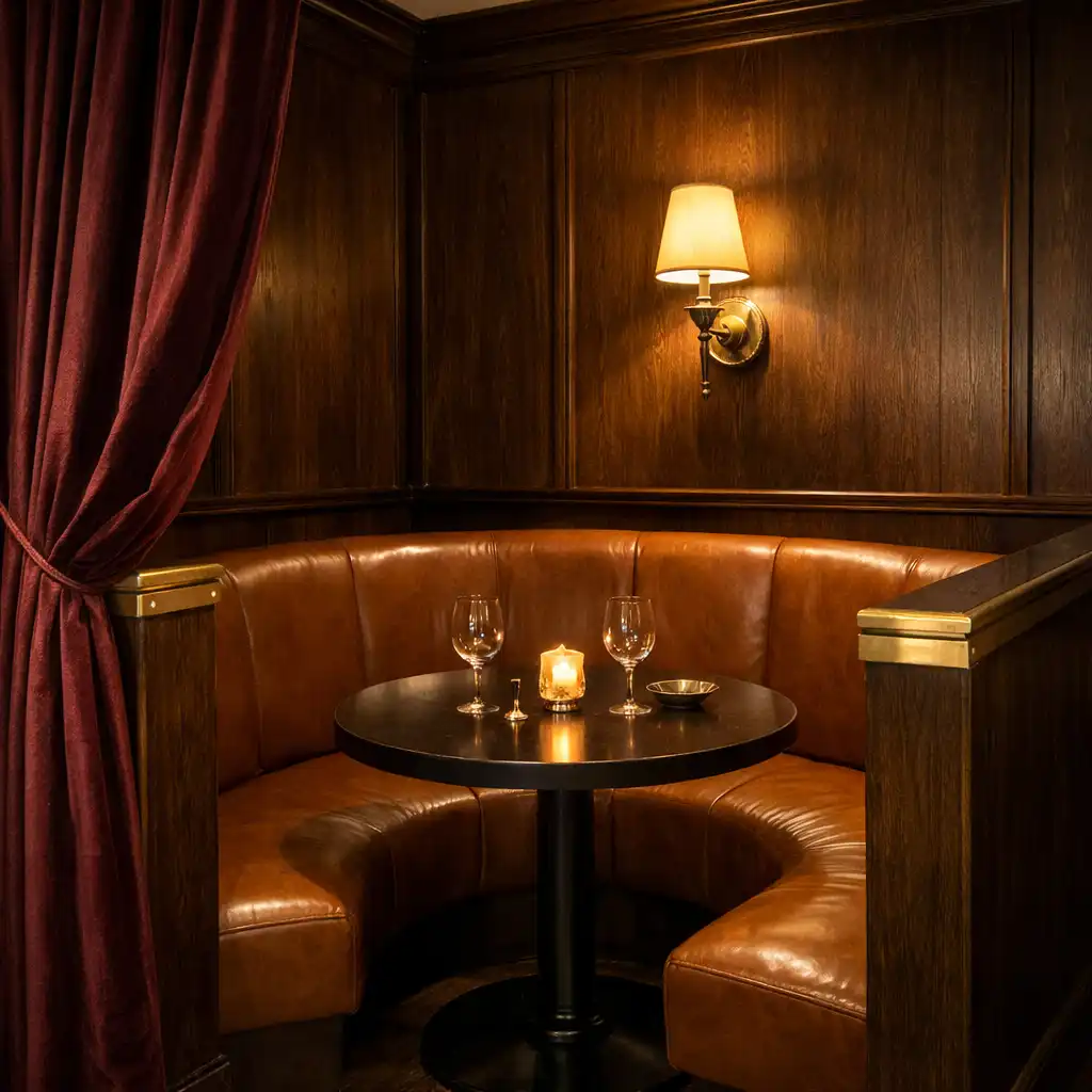 Private Nische mit cognacfarbener Lederbank, kleinem Tisch und gedämpftem Licht