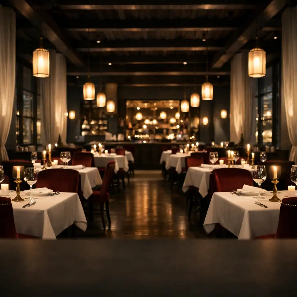 Hauptspeisesaal des Tisch Qerano mit hohen Decken, dunklen Holzbalken und elegant gedeckten Tischen