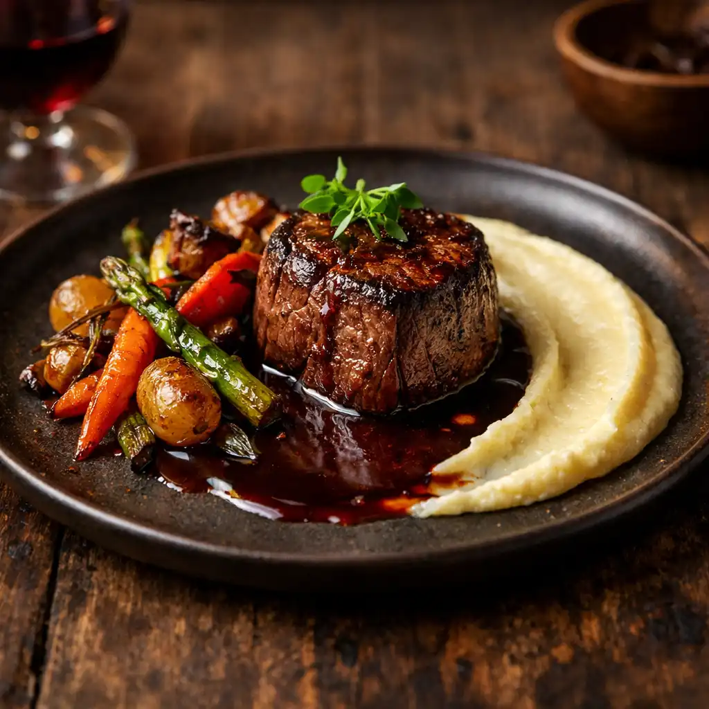 Rinderfilet mit Rotweinjus und geröstetem Gemüse auf dunklem Teller