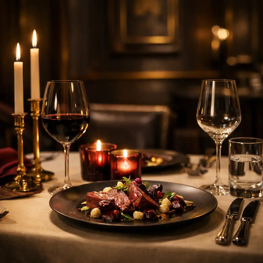 Elegant gedeckter Tisch im Tisch Qerano bei gedämpftem Licht