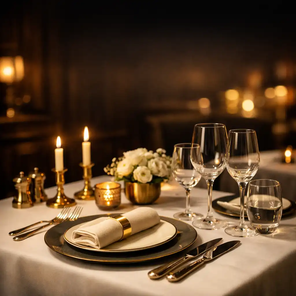 Elegant gedeckter Tisch im Tisch Qerano mit Kerzenlicht und warmen Akzenten