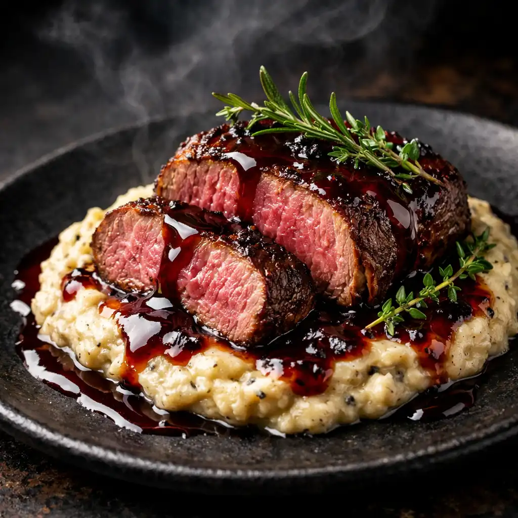 Aufgeschnittenes Rinderfilet mit rosa Kern auf Trüffelpüree, übergossen mit Portweinreduktion und garniert mit frischen Kräutern
