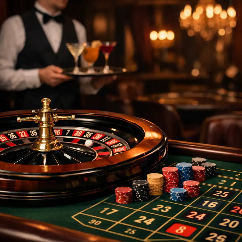 Eleganter Roulette-Tisch mit farbigen Chips auf grünem Filz, im Hintergrund ein Kellner mit Tablett, warmes Kronleuchterlicht