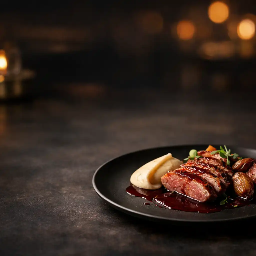 Kunstvoll angerichtetes Signature-Gericht mit gebratener Entenbrust, Rotweinjus und Selleriepüree auf dunklem Teller in elegantem Restaurant